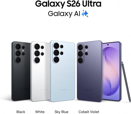 Samsung Galaxy S26 Ultra in all four colours: Cobalt Violet, Sky Blue, Black, White