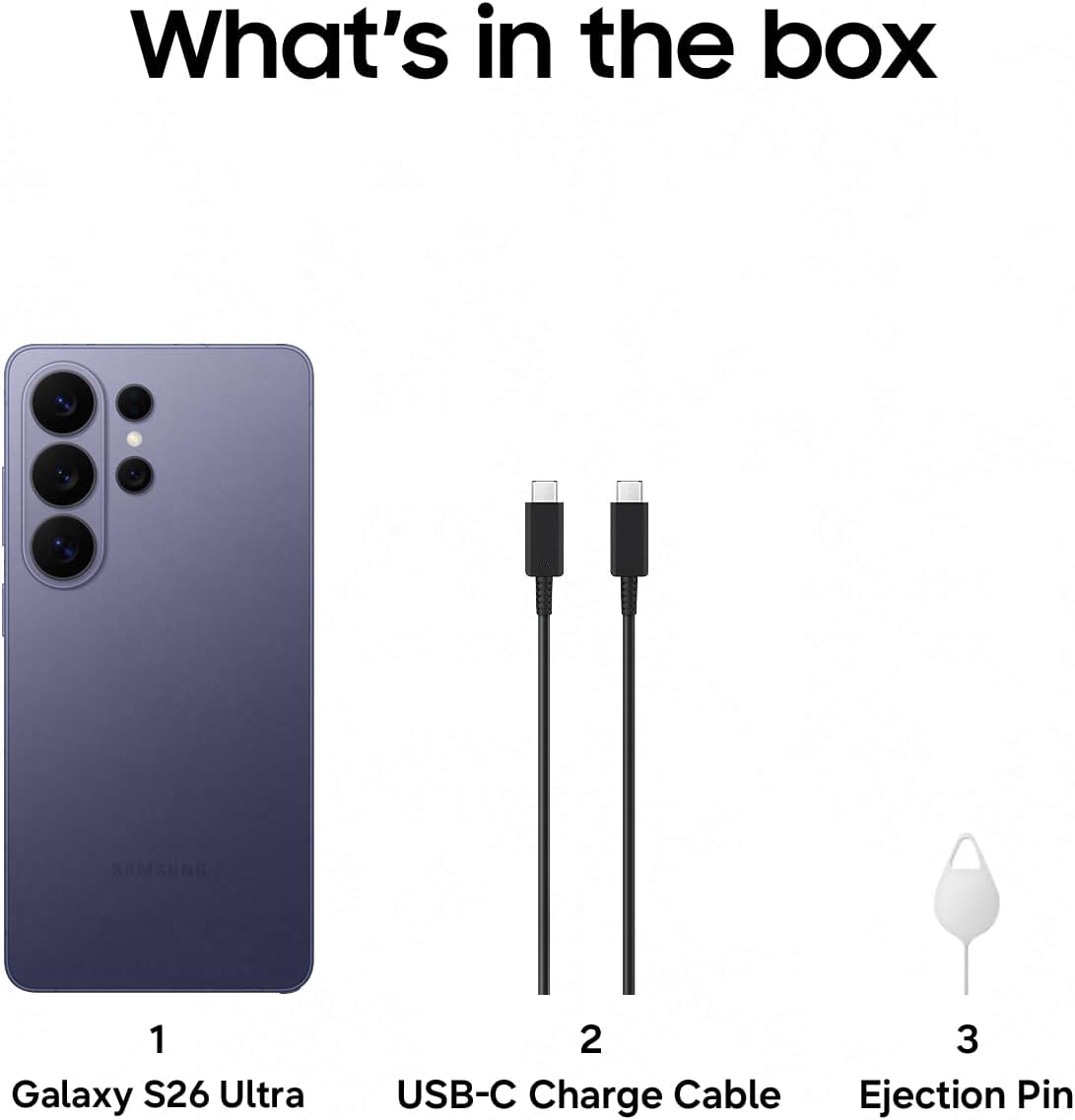 What's in the box: Galaxy S26 Ultra phone, USB-C charge cable, ejection pin