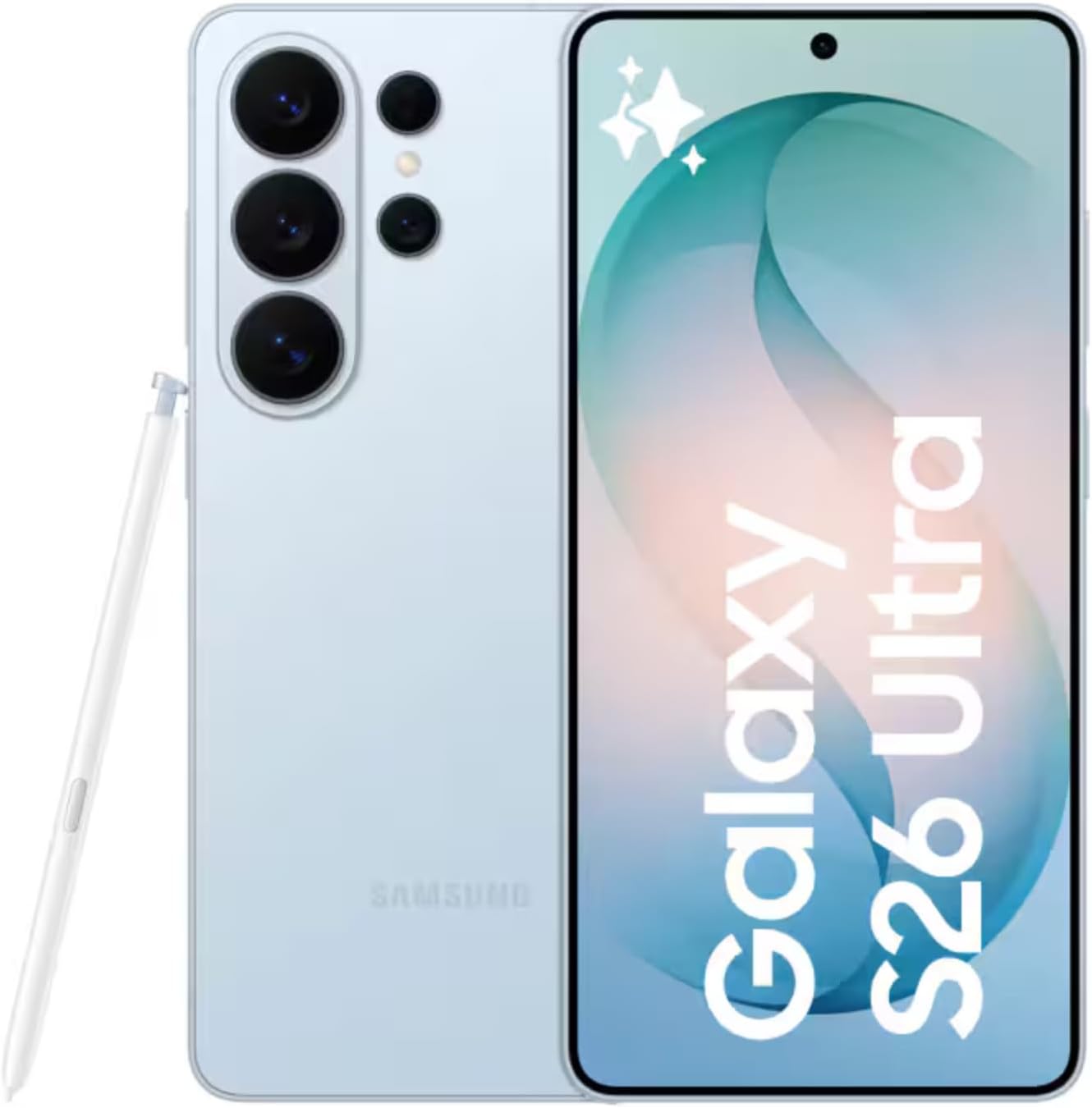 Samsung Galaxy S26 Ultra in Sky Blue, front and back