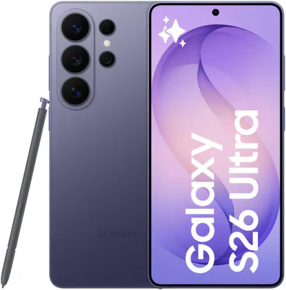 Samsung Galaxy S26 Ultra in Cobalt Violet, front and back