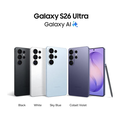 Samsung Galaxy S26 Ultra in all four colours: Cobalt Violet, Sky Blue, Black, White